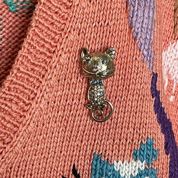 Berek 1989 Hand-Knit Cat Sweater Cardigan + Vintage Cat Brooch 100% Pima Cotton - Picture 9 of 13
